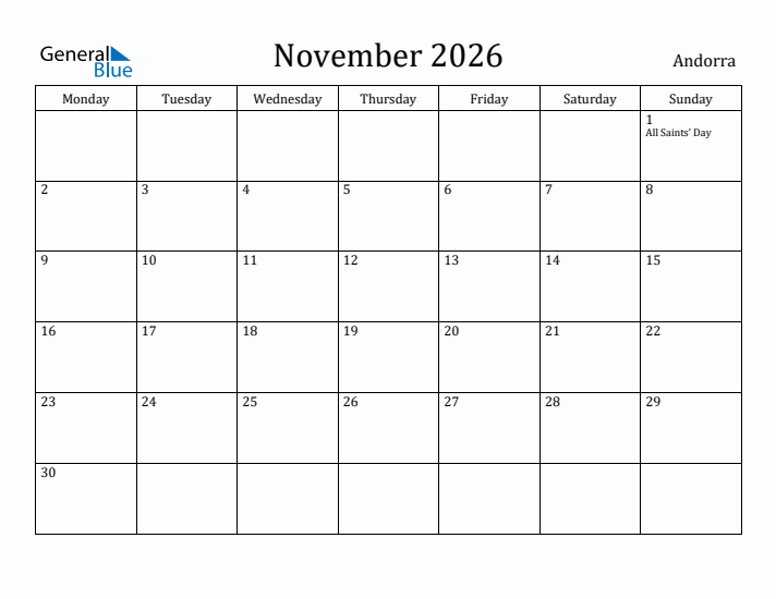 November 2026 Calendar Andorra