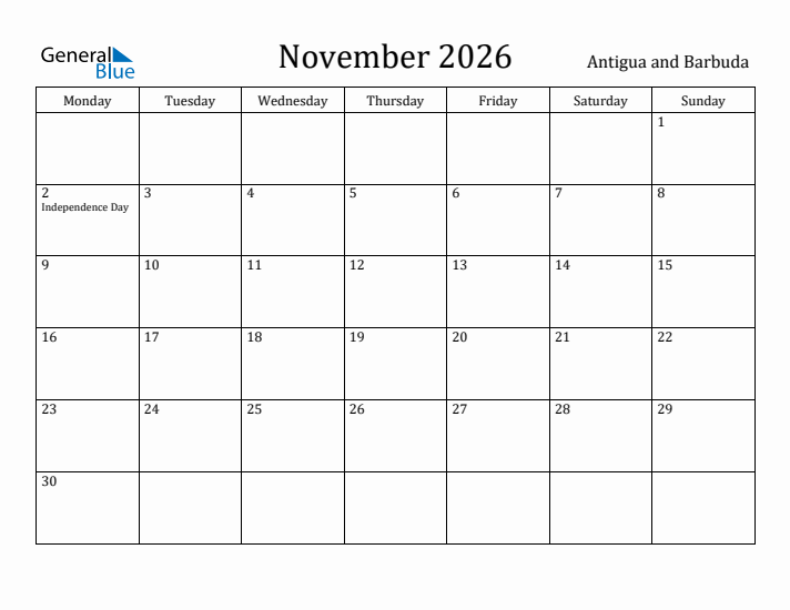 November 2026 Calendar Antigua and Barbuda