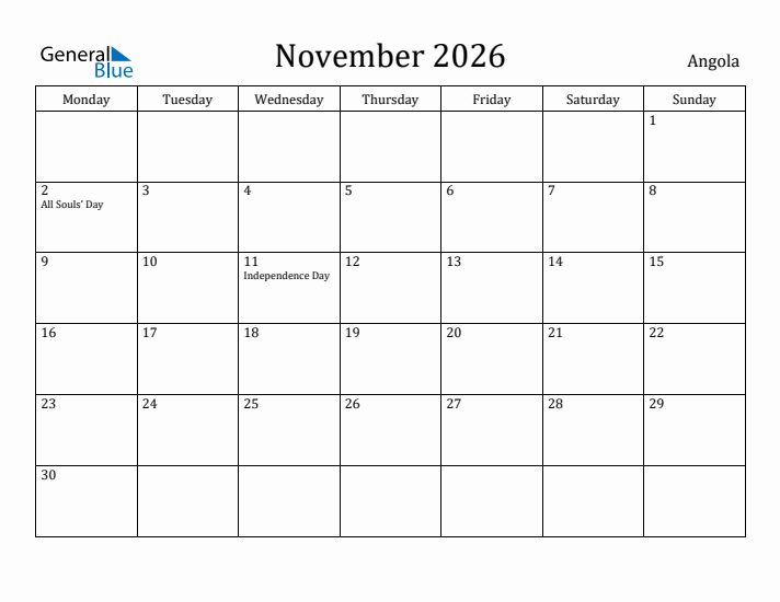 November 2026 Calendar Angola