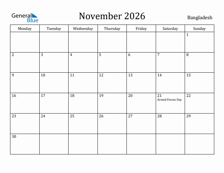 November 2026 Calendar Bangladesh