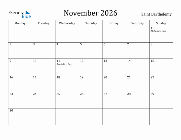 November 2026 Calendar Saint Barthelemy