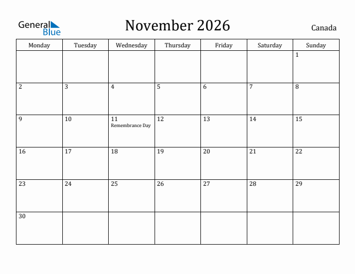 November 2026 Calendar Canada