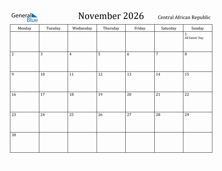 November 2026 Calendar Central African Republic