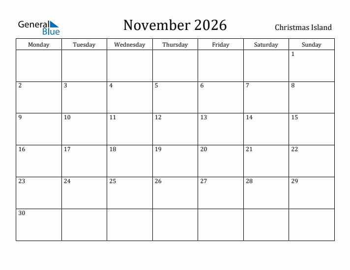 November 2026 Calendar Christmas Island