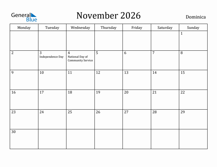 November 2026 Calendar Dominica