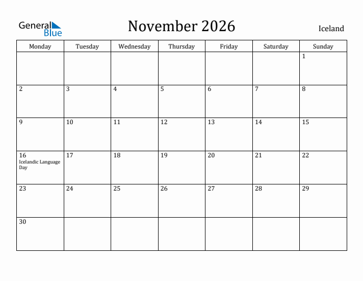 November 2026 Calendar Iceland