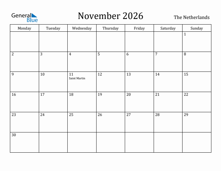 November 2026 Calendar The Netherlands