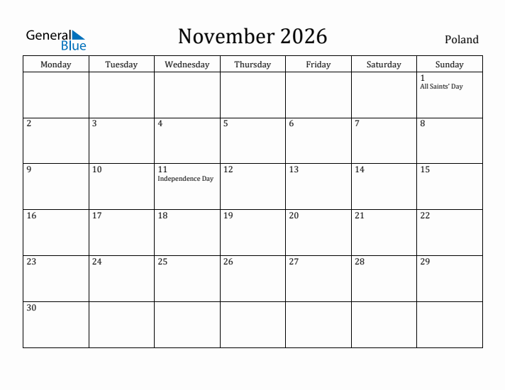 November 2026 Calendar Poland