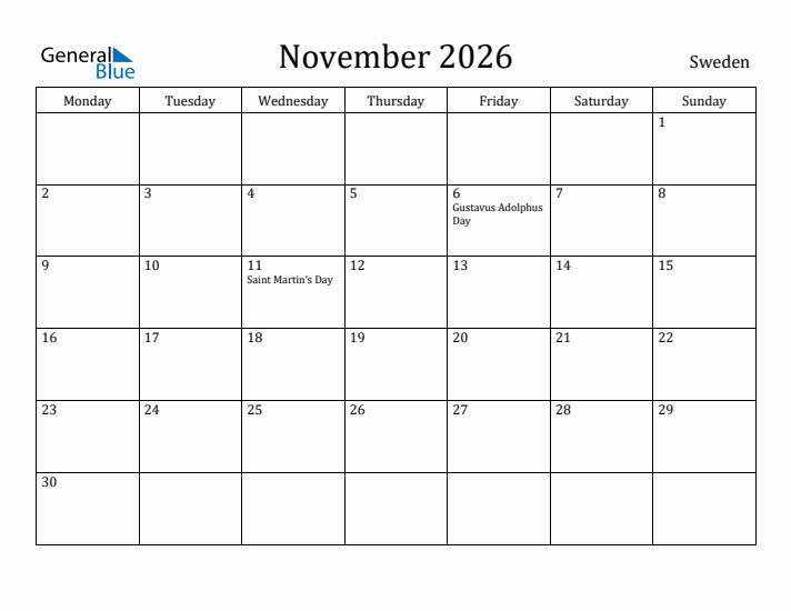 November 2026 Calendar Sweden