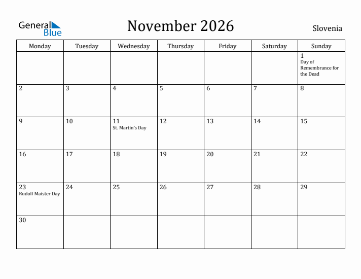 November 2026 Calendar Slovenia