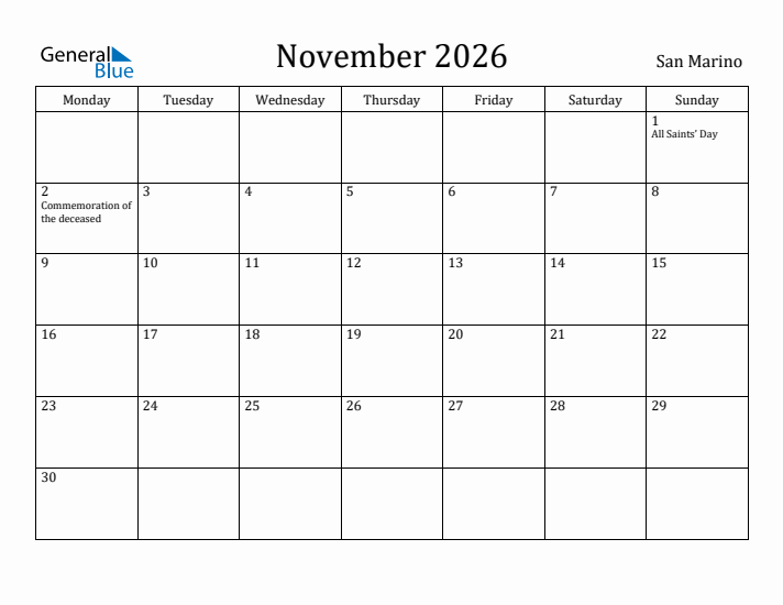 November 2026 Calendar San Marino