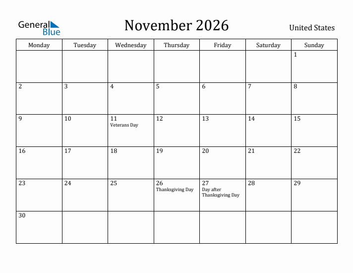 November 2026 Calendar United States