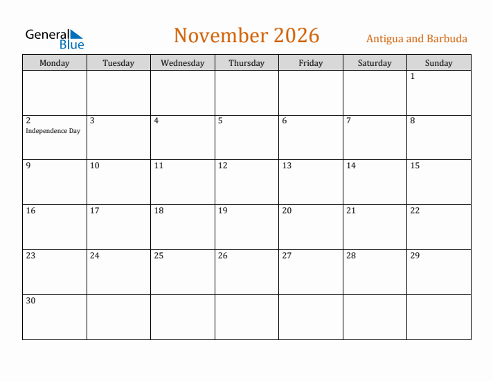 November 2026 Holiday Calendar with Monday Start