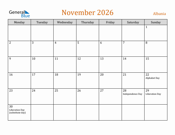 November 2026 Holiday Calendar with Monday Start