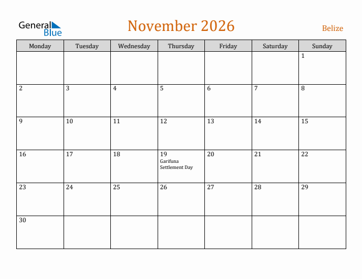 November 2026 Holiday Calendar with Monday Start