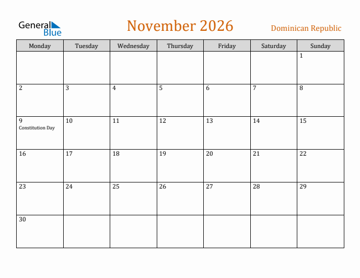 November 2026 Holiday Calendar with Monday Start