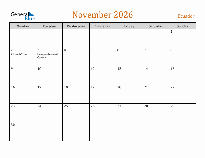 November 2026 Holiday Calendar with Monday Start