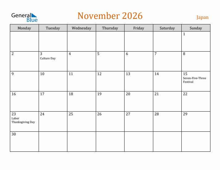 November 2026 Holiday Calendar with Monday Start