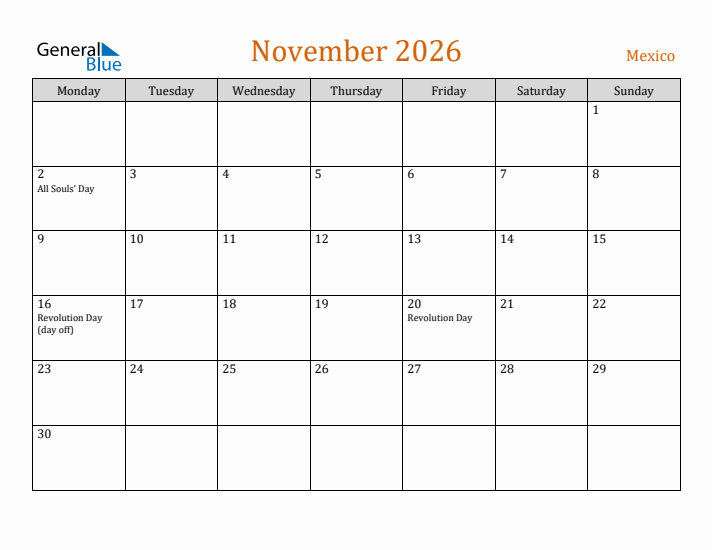 November 2026 Holiday Calendar with Monday Start