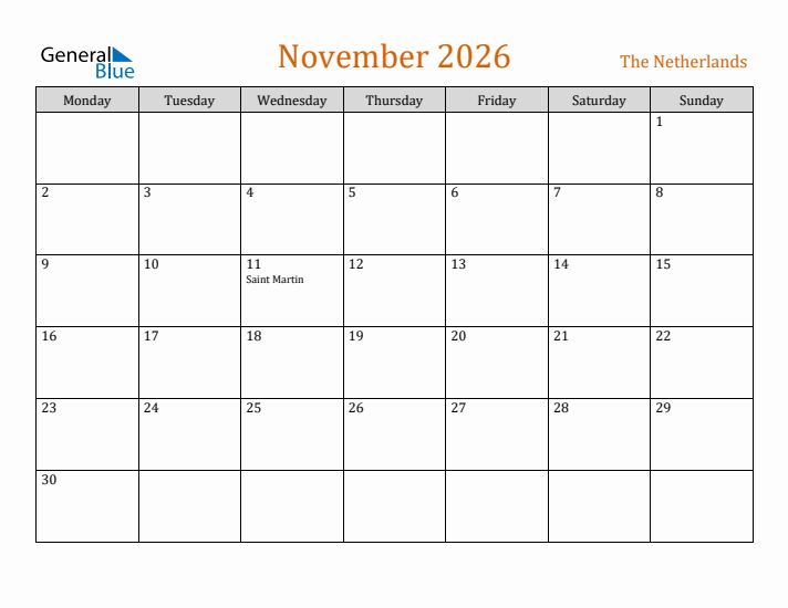 November 2026 Holiday Calendar with Monday Start