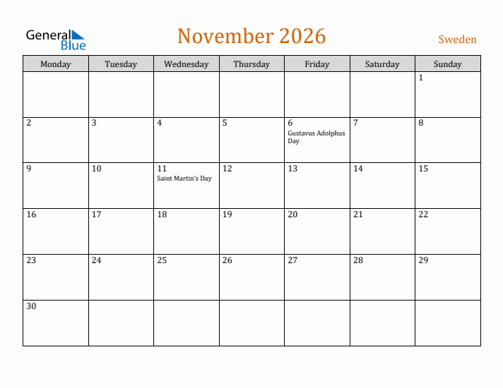 November 2026 Holiday Calendar with Monday Start