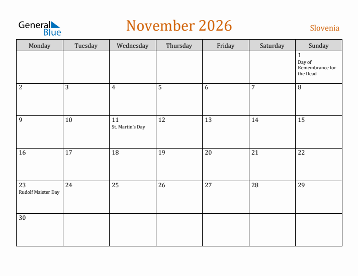 November 2026 Holiday Calendar with Monday Start