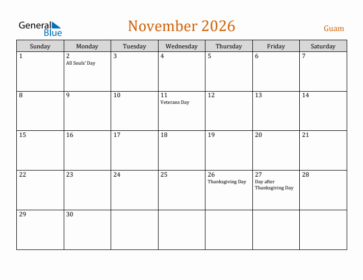 November 2026 Holiday Calendar with Sunday Start