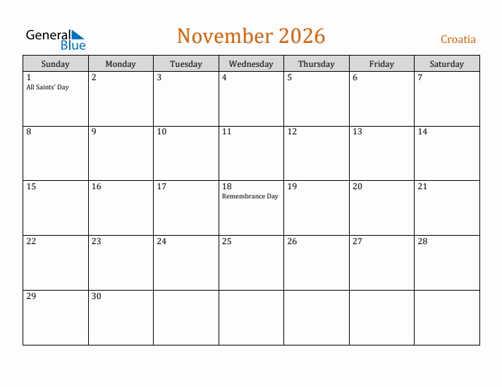 November 2026 Holiday Calendar with Sunday Start