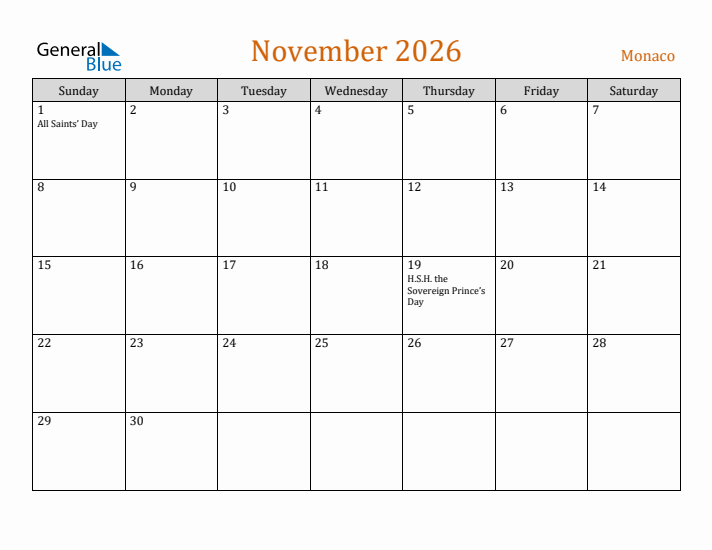 November 2026 Holiday Calendar with Sunday Start