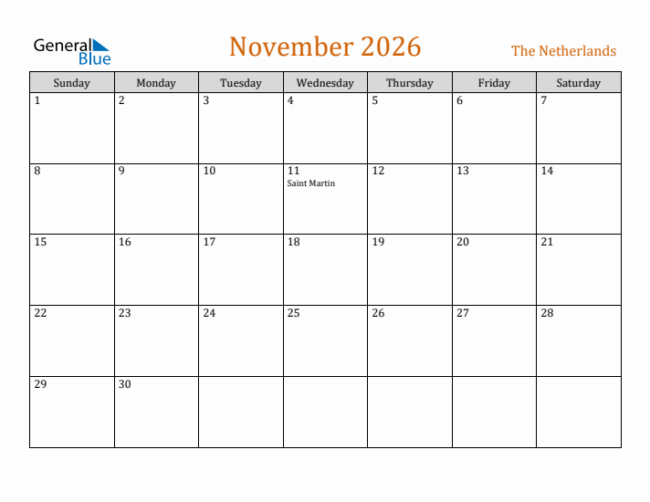 November 2026 Holiday Calendar with Sunday Start