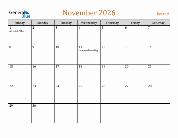 November 2026 Holiday Calendar with Sunday Start