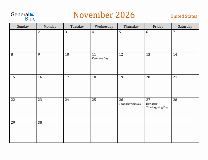 November 2026 Holiday Calendar with Sunday Start