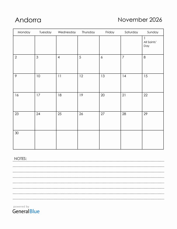 November 2026 Andorra Calendar with Holidays (Monday Start)