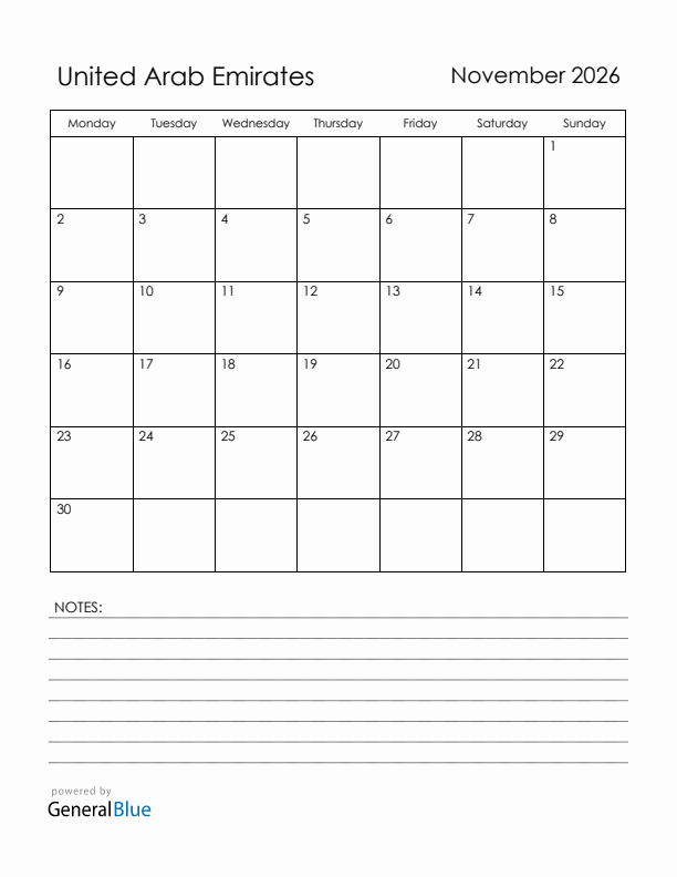 November 2026 United Arab Emirates Calendar with Holidays (Monday Start)