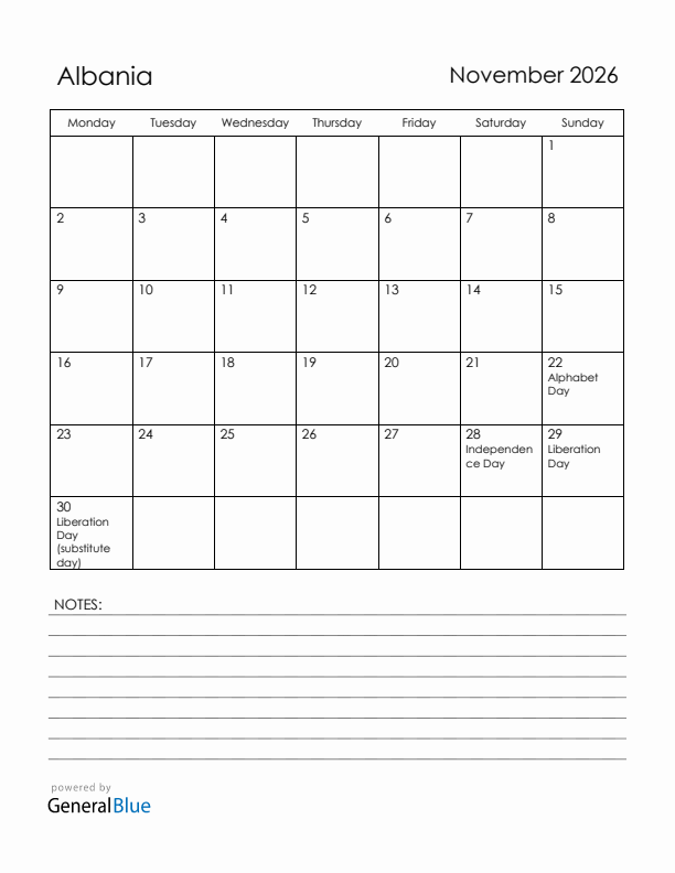November 2026 Albania Calendar with Holidays (Monday Start)