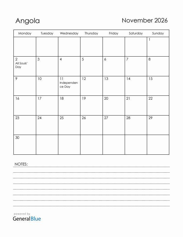 November 2026 Angola Calendar with Holidays (Monday Start)