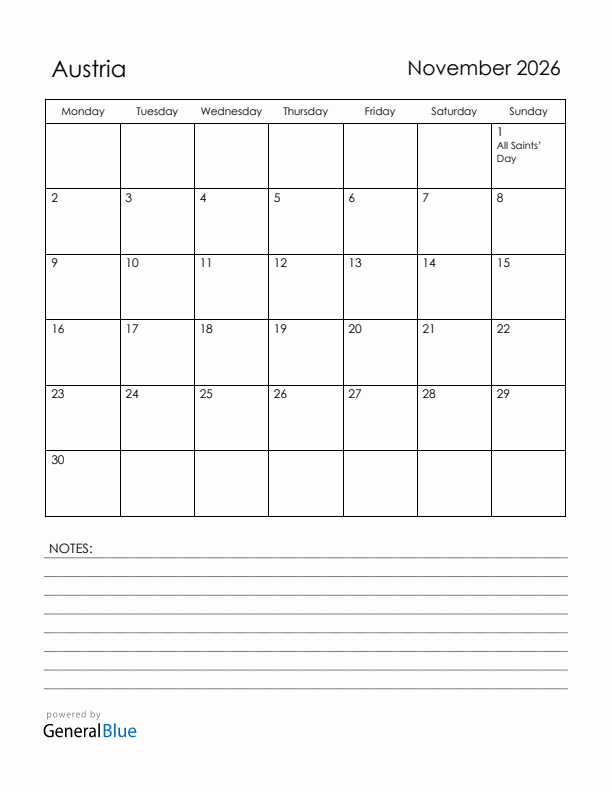 November 2026 Austria Calendar with Holidays (Monday Start)