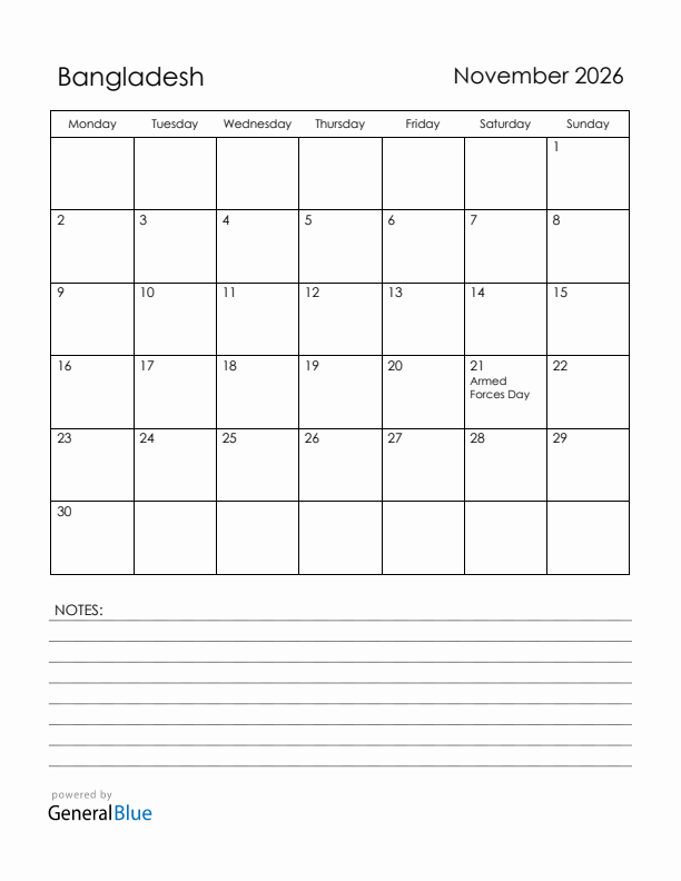 November 2026 Bangladesh Calendar with Holidays (Monday Start)