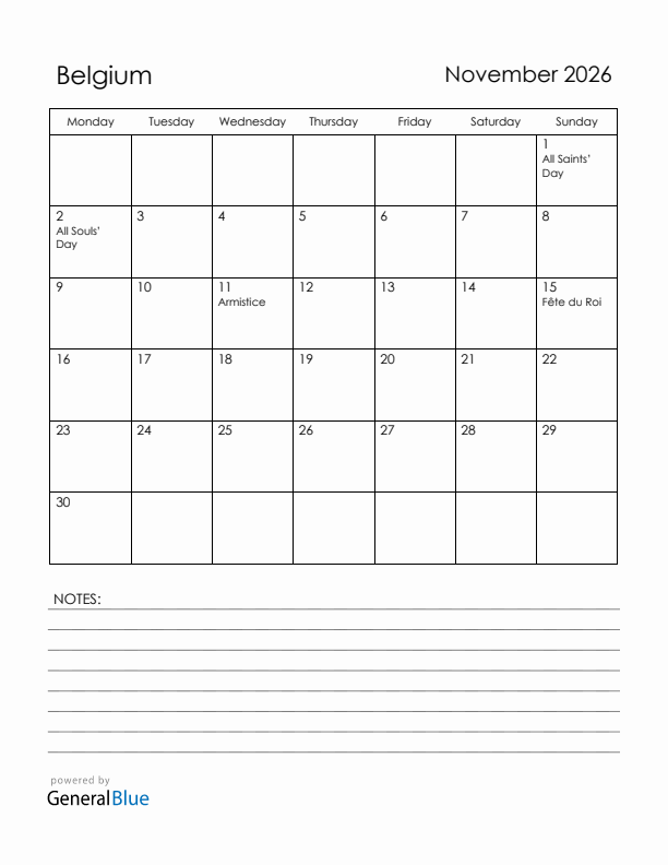 November 2026 Belgium Calendar with Holidays (Monday Start)