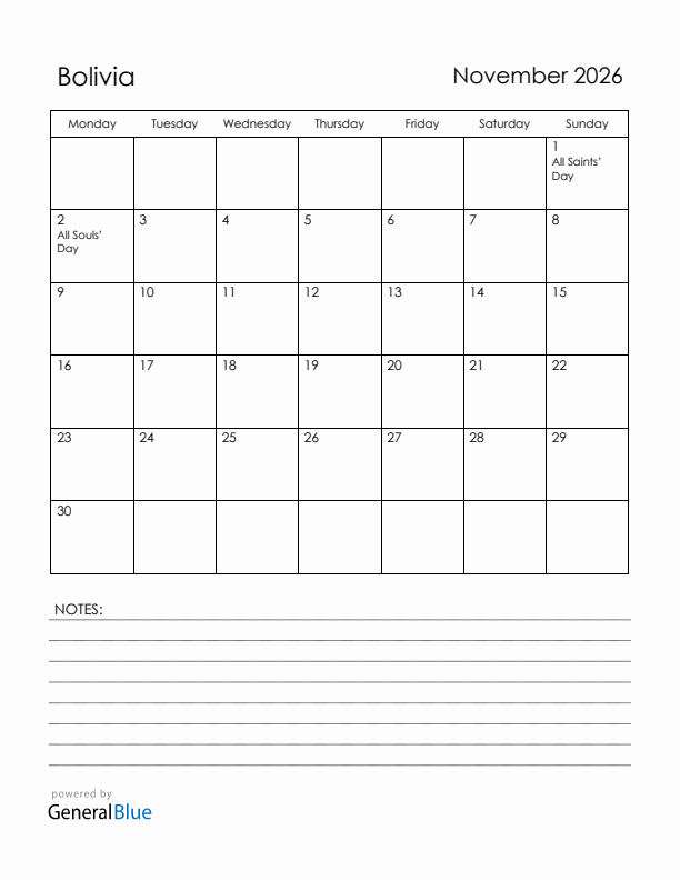 November 2026 Bolivia Calendar with Holidays (Monday Start)