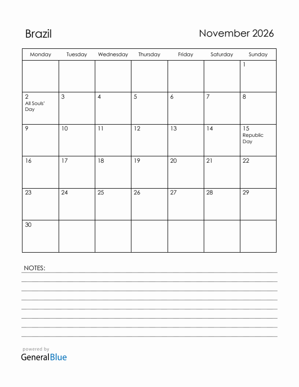 November 2026 Brazil Calendar with Holidays (Monday Start)