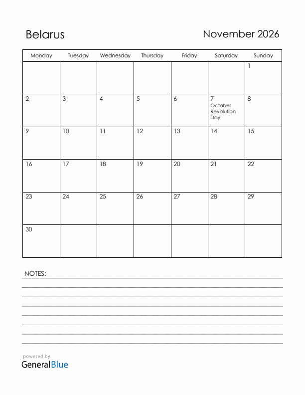 November 2026 Belarus Calendar with Holidays (Monday Start)