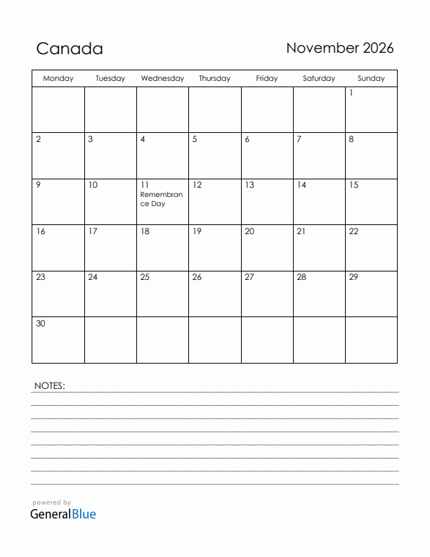 November 2026 Canada Calendar with Holidays (Monday Start)