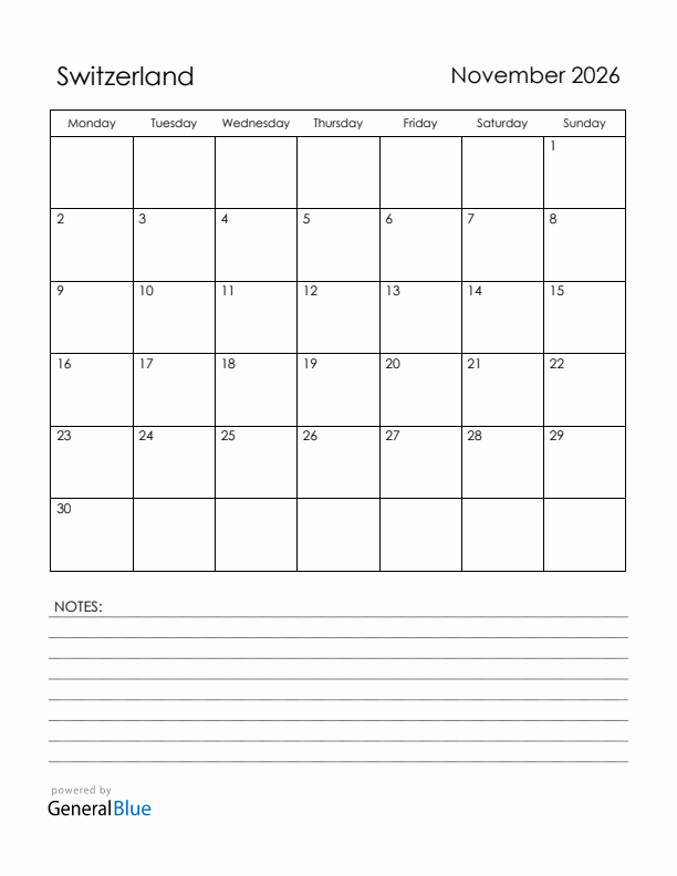 November 2026 Switzerland Calendar with Holidays (Monday Start)