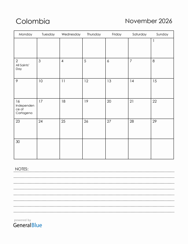November 2026 Colombia Calendar with Holidays (Monday Start)
