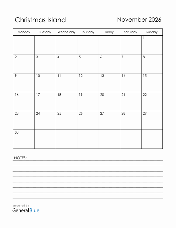 November 2026 Christmas Island Calendar with Holidays (Monday Start)