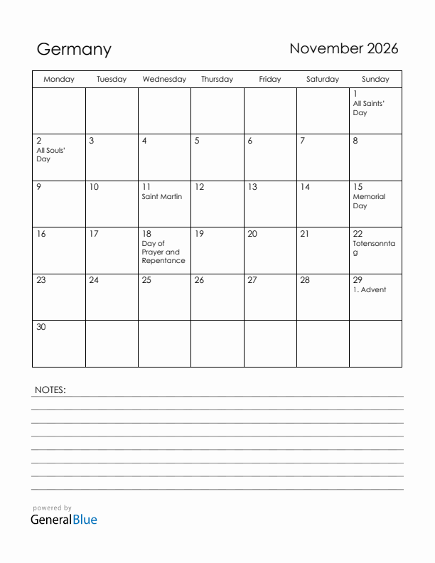 November 2026 Germany Calendar with Holidays (Monday Start)