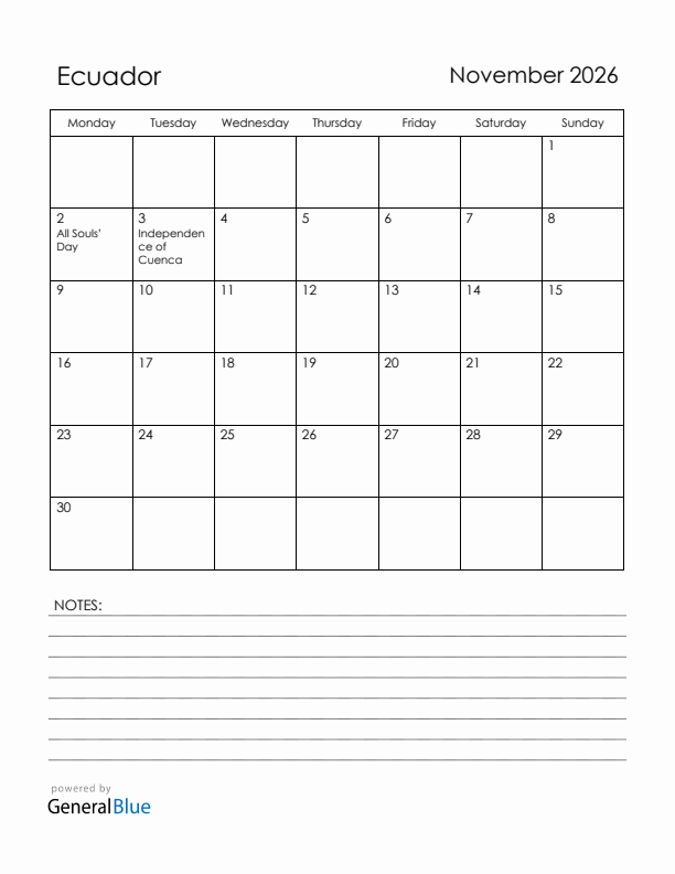 November 2026 Ecuador Calendar with Holidays (Monday Start)