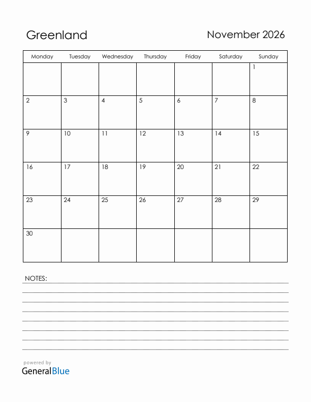 November 2026 Greenland Calendar with Holidays (Monday Start)