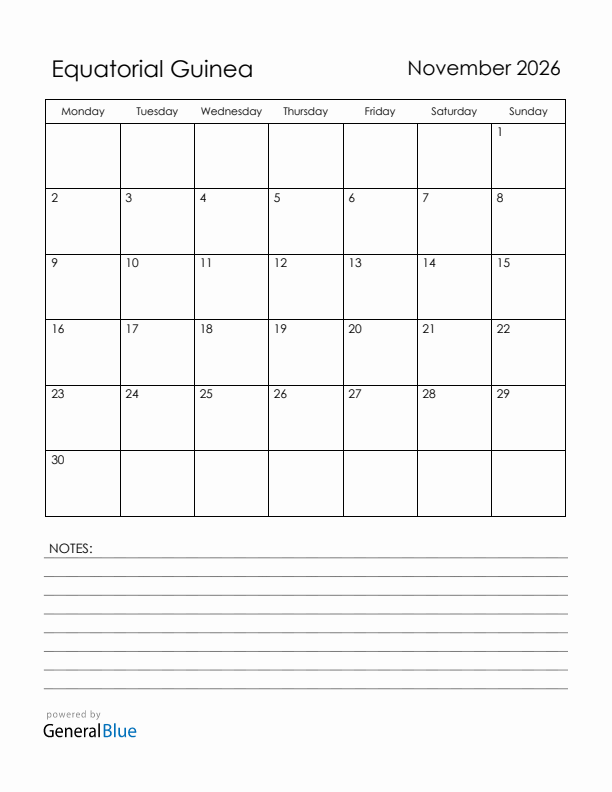 November 2026 Equatorial Guinea Calendar with Holidays (Monday Start)